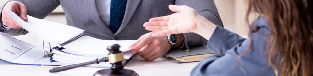 two people negotiating at a table with a gavel between them