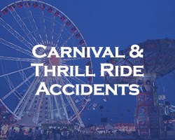 Carnival And Thrill Ride Accidents - blue overlay on an image of a carnival with a swing ride and ferris wheel