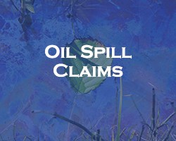 Oil Spill Claims - blue over a leaf floating in water contaminated by an oil spill